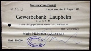 Laupheim 1923 " J.  Bergmann & Co.  " Rare 100,  000 Mark Inflation Notgeld Banknote