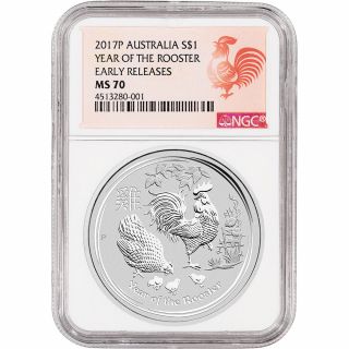 2017 P Australia Silver Lunar Rooster (1 Oz) $1 - Ngc Ms70 Early Releases Lunar