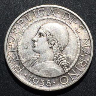 Old Foreign World Coin: 1938 San Marino 5 Lire, .  835 Silver