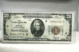 1929 $20 National Currency The Federal Reserve Bank Of Boston Massachusetts