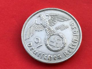 2 Reichsmark 1938 E With Nazi Coin Swastika Silver Brilliant