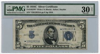 1934c $5 Silver Certificate Star Note Stained Pmg Vf - 30 Net Fr 1653w Wide