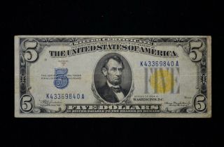 1934 A North Africa Yellow Seal $5 Silver Certificate Wwii Emergency Issue