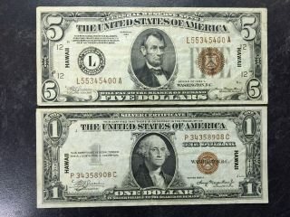1934 A & 1935 A United States Hawaii Silver Certificates $1 And $5 Notes