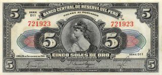 Peru 5 Soles De Oro 26.  9.  1.  941 P 66aa Series D11 Uncirculated Banknote P1