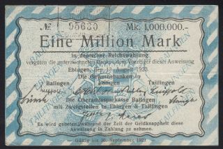 1923 1 Million Mark Balingen Germany Old Vintage Emergency Money Banknote Vf