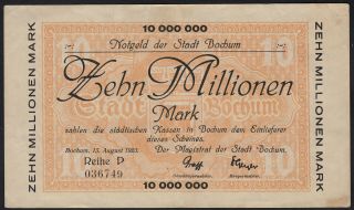 1923 10 Million Mark Bochum Germany Old Vintage Emergency Money Banknote Vf
