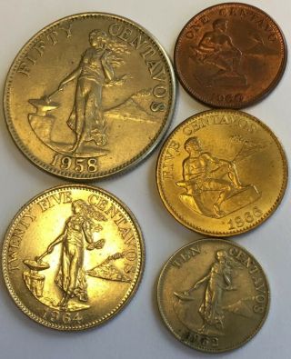 Set Of (5) - Philippines Republic - (1,  5,  10,  25,  50) Centavos Coin Set - (1958 - 1966)