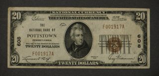 1929 $20 National Bank Note Type 1 Ch 608 - Nb Pottstown,  Pa Ca020