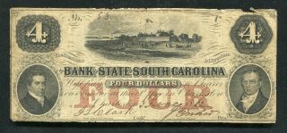 1862 $4 Bank Of The State Of South Carolina Charleston,  Sc Obsolete Banknote