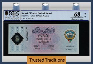 Tt Pk Cs2 2001 Kuwait Central Bank 1 Dinar " Polymer " Pcgs 68 Opq Gem Unc