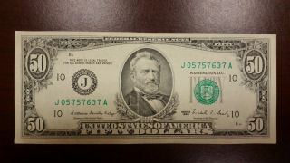 1988 $50 Fifty Dollar Bill Federal Reserve Note Kansas City J05757637a