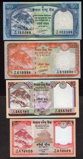 5,  10,  20,  50 Nepal Rupee Set Of 4 Rastra Bank Notes Unc Mt.  Everest