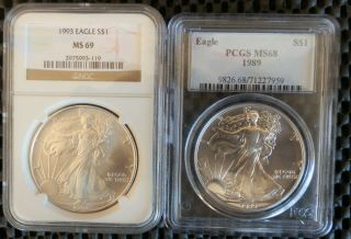 A Early Silver 1 Oz.  Eagles,  1989 And 1993,  Certified By Pcgs And Ngc