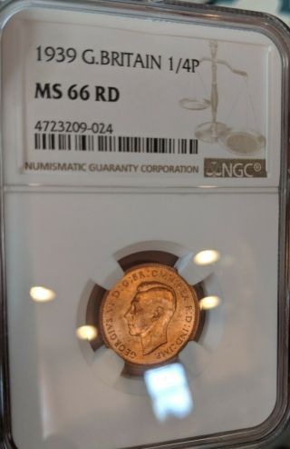 1939 Ngc Ms - 66 Rd Great Britain Farthing Red 1/4p - Gem