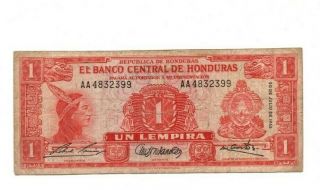 Bank Of Honduras 1 Lemp[ira 1965 Vg