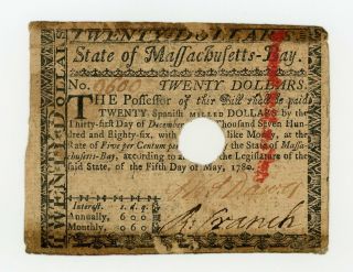 (ma - 285) May 5th,  1780 $20 Massachusetts Colonial Currency Note