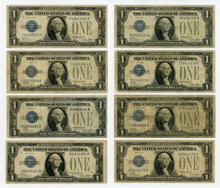 (group Of 8) 1928 - A Fr.  1601 $1 U.  S.  " Funnyback " Silver Certificate Notes