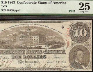 1863 $10 Dollar Confederate States Of America Currency Civil War Note T - 59 Pmg