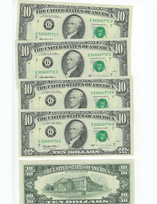 United States 1995 10 Dollars,  " G " Chicago,  5 Conceutive Serials Unc
