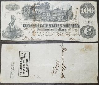 Civil War Confederate States Of America One Hundred Dollar Note Richmond 1860 