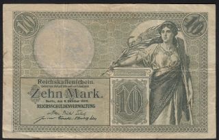1906 10 Mark Germany Rare Old Vintage Paper Money Banknote Currency Antique Vf