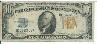 $10 Silver Certificate North Africa 1934 - A Ba Block Yellow Seal Note 006a Wwii