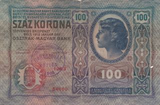 100 Korona/kronen Fine Banknote From Hungary/sopron County 1918