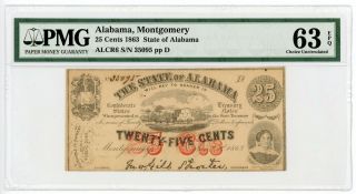 1863 Cr.  6 25c The State Of Alabama Note - Civil War Era Pmg Ch.  Cu 63 Epq