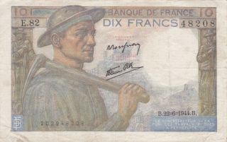 10 Francs Very Fine Banknote From German Occupied France 1944 Pick - 99