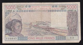 French West Africa - - - - - 5000 Francs 1987 - - - - - - - - Vg - - -