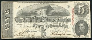 T - 60 1863 $5 Five Dollars Csa Confederate States Of America