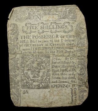 Connecticut June 19,  1776 5 Shillings,  Serial 3982.  Ct - 212,  12,  000 Printed