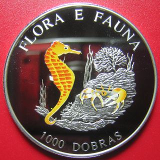 1995 Saint Thomas & Prince 1000 Dobras Silver Proof Seahorse Crab Flora Fauna