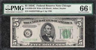 1934c $5 Chicago Federal Reserve Note Frn - Pmg Gem Uncirculated Cu 66epq - C2c