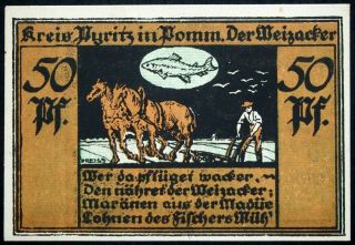Pyritz 1921 Rare No Printer Variant " Horses Plowing " 50 Pf German Notgeld