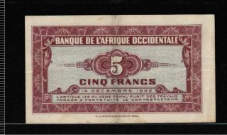 French West Africa 5 FRANCS 1942 Crisp Circulated - RARE 2