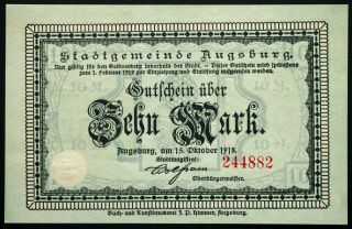 Augsburg 1918 10 Mark Grossnotgeld German Notgeld Banknote Bavaria
