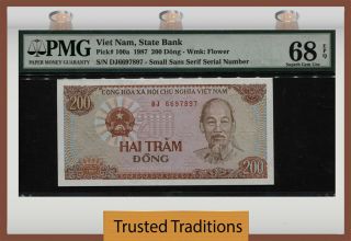 Tt Pk 100a 1987 Viet Nam 200 Dong " Ho Chi Minh " Pmg 68 Epq Gem Unc