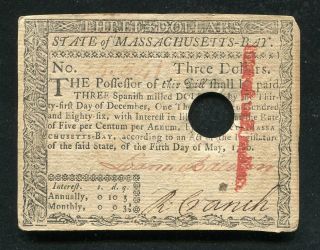 Ma - 280 May 5,  1780 $3 Three Dollars Massachusetts Colonial Currency Note (b)