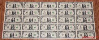 $1 Uncut Sheet 1x25 One Dollar Bills 2013 United States Currency Money Bep