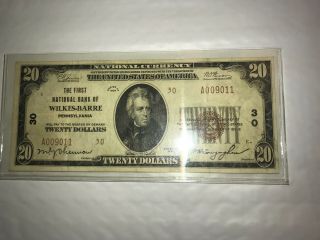 1929 $20 The First National Bank Of Wilkes Barre,  Pa National Currency Ch 30