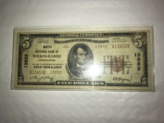 1929 $5 The Miners National Bank Of Wilkes Barre,  Pa National Currency