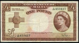 Malta Queen Elizabeth Ii 1 Pound Bank Note 1954