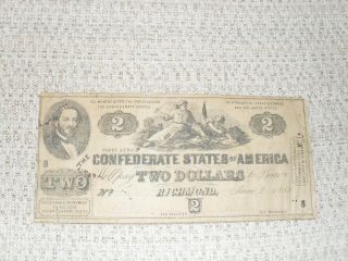 1862 $2 Two Dollar Confederate States Of America Currency Civil War Note