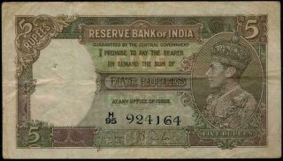 British India King George Vi,  5 Rupees Banknote.  Sign.  J.  B.  Taylor P18a 1937