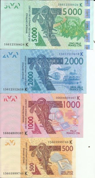 West African States Set 500 - 1000 - 2000 - 5000 Francs.  Unc.  5rw 26mar