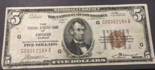 1929 $5.  00 National Currency Bill,  Brown Seal,  Federal Reserve Bank Of Chicago