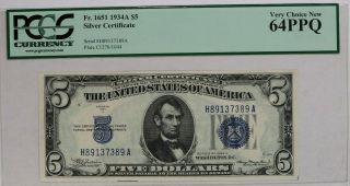 1934a $5 Silver Certificate Pcgs 64 Ppq Fr.  1651 Uncirculated (389a)