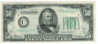 1934 Us Federal Reserve $50 Fifty Dollar Bill C Philadelphia Crisp Note H1662540